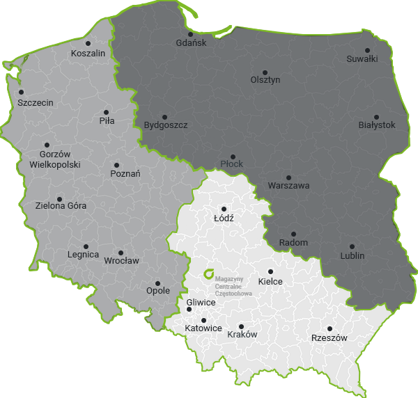 Mapa Polski podzielona na rejony handlowców - Wigolen